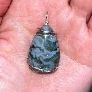 Handmade Moss Agate Teardrop Pendant in Green and Gray